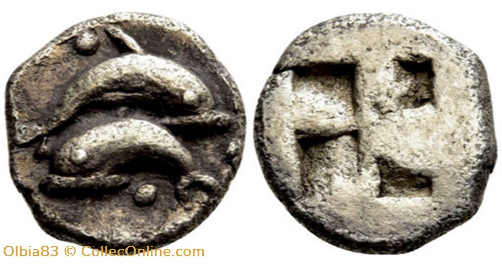 M-Thasos / Obole / Deux dauphins superposés- Carré creux monnaies antiques grecques m thasos obole deux dauphins superposes carre creux