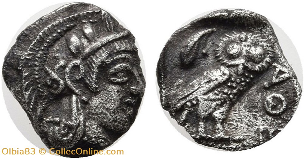 M Athènes / Obole / Tête d'Athéna à droite - Chouette debout de face. monnaies antiques grecques m athenes obole tete athena a droite chouette debout de face