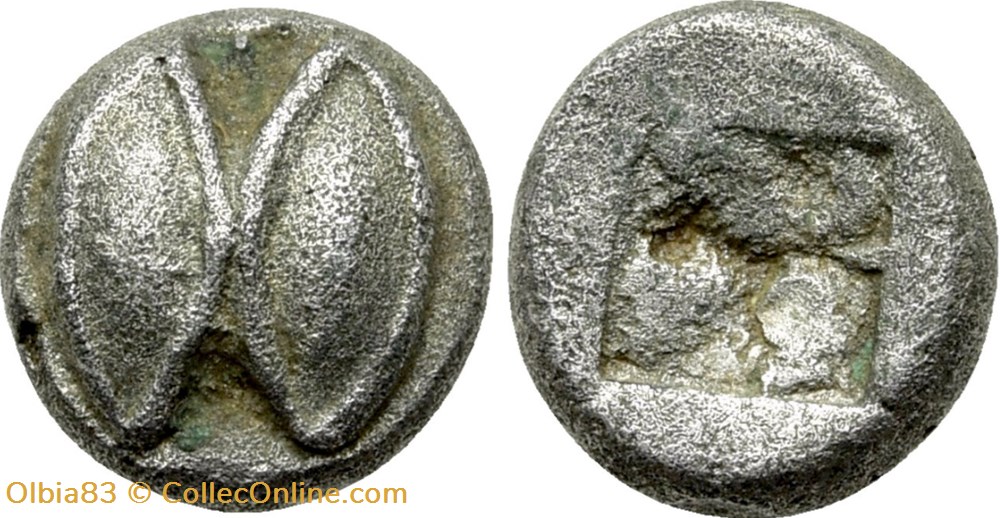 Ile de Lesbos / 1/36 eme de statère / Deux yeux (ou deux graines) - Carré creux. monnaies antiques grecques ile de lesbos 1 36 eme de statere deux yeux ou deux graines carre creux