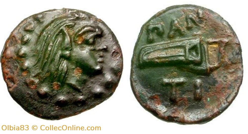 PAN04 / Chersonèse Taurique - Panticapée / Unité / Tête de satyre à droite - Carquoi et arc ΠAN-TI. monnaies antiques grecques pan04 chersonese taurique panticapee unite tete de satyre a droite carquoi et arc an ti