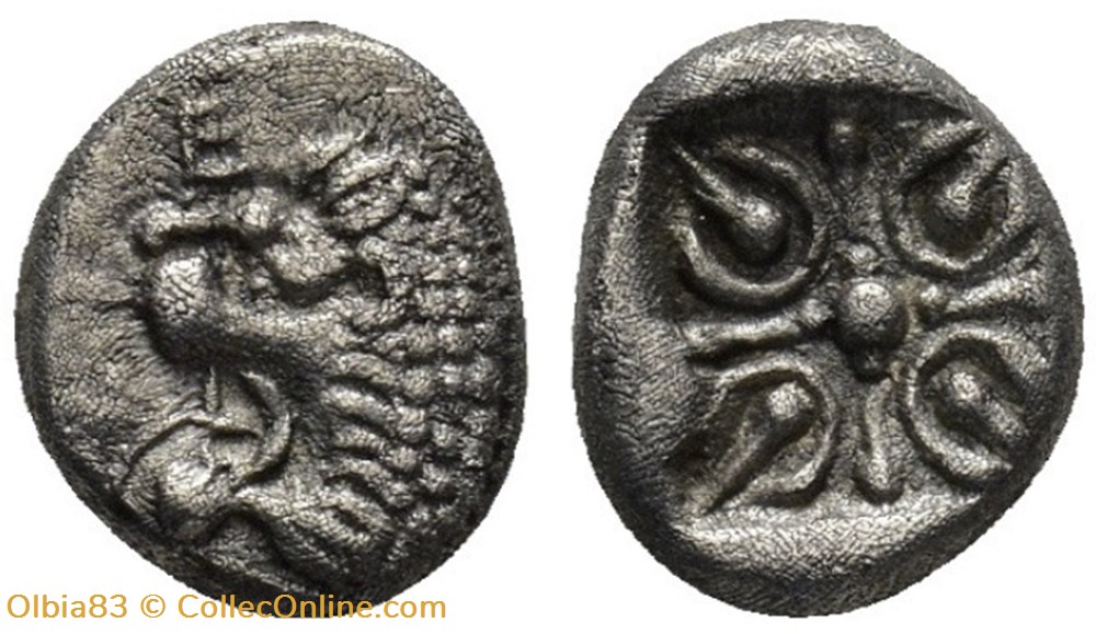 *Carie / Douzième de statère / Protomé de lion à gauche - Étoile à quatre rais. monnaies antiques grecques carie douzieme de statere protome de lion a gauche etoile a quatre rais