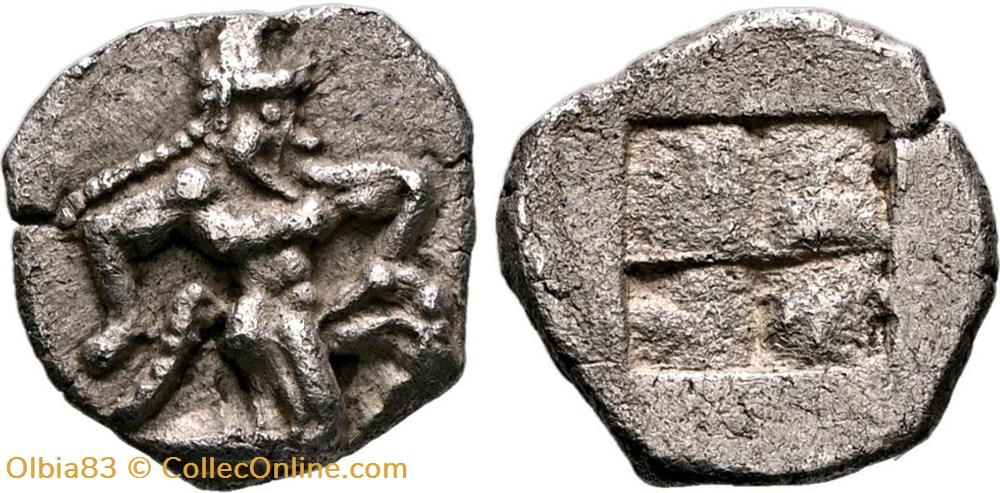 monnaies antiques grecques thasos diobole satyre carre creux