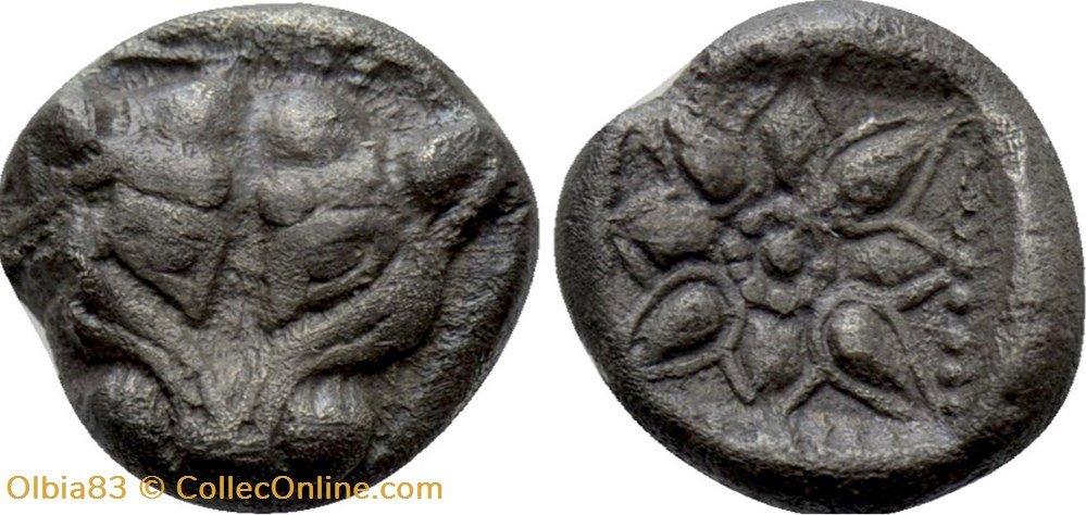 M Milet / 1/16eme de statère / Tête de Lion - Motif Stéllaire dans carré creux monnaies antiques grecques m milet 1 16eme de statere tete de lion motif stellaire dans carre creux
