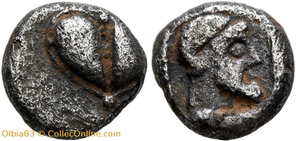 Cyrène / Hémidrachme / Fruit de Silphium - Tête de Zeus monnaies antiques grecques cyrene hemidrachme fruit de silphium tete de zeus