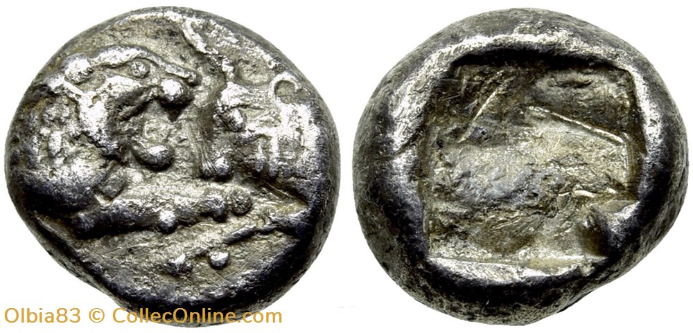 Royaume de Lydie / Douzieme de statère / Protomés de taureau et de lion affrontés. monnaies antiques grecques royaume de lydie douzieme de statere protomes de taureau et de lion affrontes