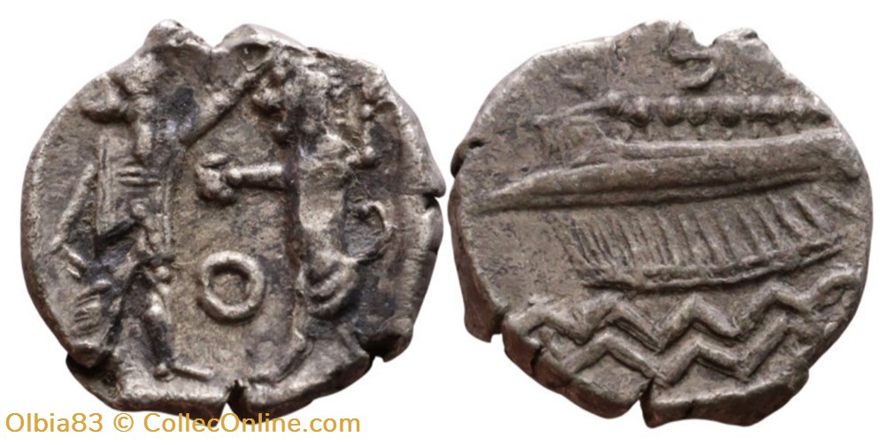 Phénicie - Sidon - Seizième de shekel / Galère de guerre / Le grand Roi combattant un lion monnaies antiques grecques phenicie sidon seizieme de shekel galere de guerre le grand roi combattant un lion