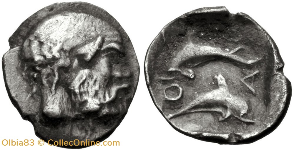 M Thasos / Tritartemorion / Tête de Silène à droite - Deux dauphins superposés et opposés Q-A. monnaies antiques grecques m thasos tritartemorion tete de silene a droite deux dauphins superposes et opposes q a