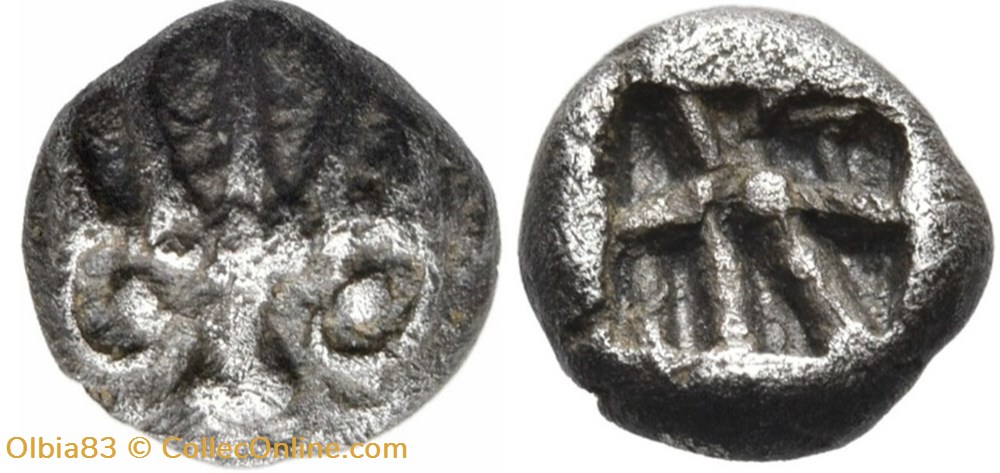 M Asie Mineure-Incertaine-Obole-Face à tête de lion, coiffé d'une couronne radiée / Carré creux. monnaies antiques grecques m asie mineure incertaine obole face a tete de lion coiffe une couronne radiee carre creux