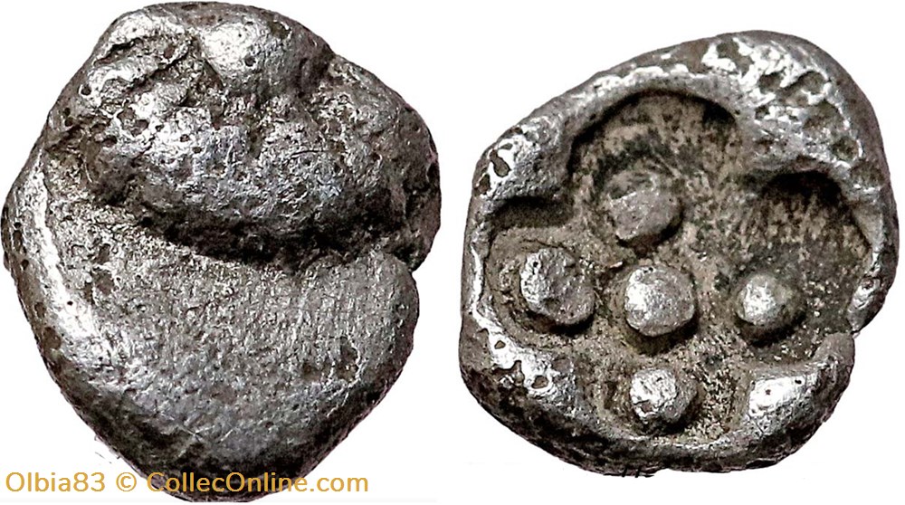 M Erythrée / Tetartemorion / Rosace-Bouclier - Cruciforme en creux avec 5 Globules. monnaies antiques grecques m erythree tetartemorion rosace bouclier cruciforme en creux avec 5 globules