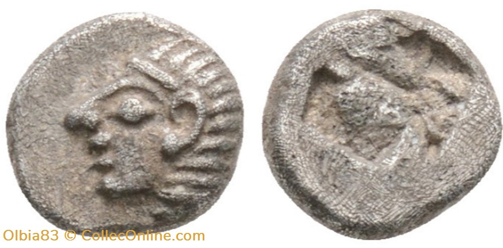 Colophon / Tetartémorion / Tête d'Apollon à gauche - Carré creux monnaies antiques grecques colophon tetartemorion tete apollon a gauche carre creux