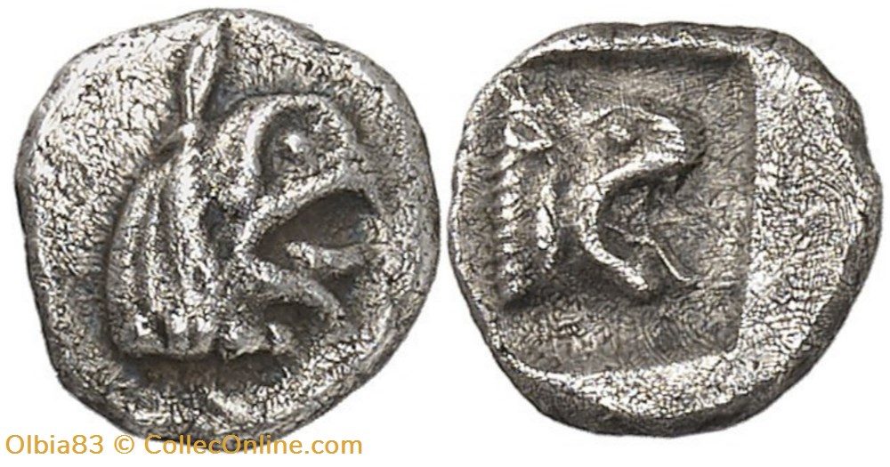monnaies antiques grecques obole a la tete de griffon et au lion tresor auriol