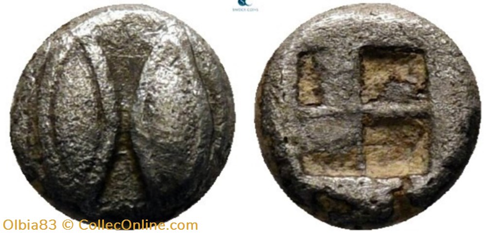 Ile de Lesbos / 1/36 eme de statère / Deux yeux (ou deux graines) - Carré creux. monnaies antiques grecques ile de lesbos 1 36 eme de statere deux yeux ou deux graines carre creux