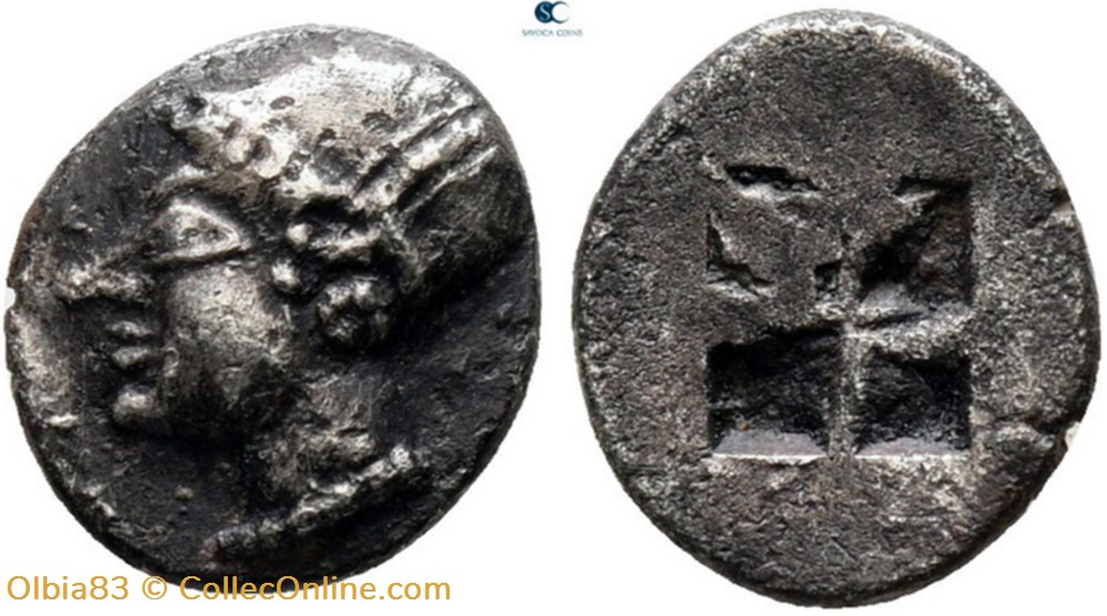 Phocée-Diobole-Tête de nymphe à gauche / Carré creux . monnaies antiques grecques phocee diobole tete de nymphe a gauche carre creux