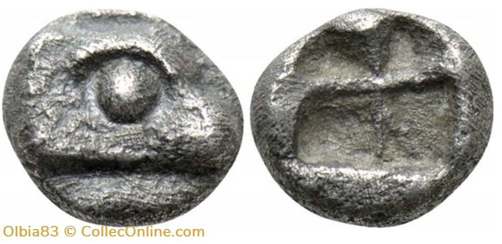 Phocée / Hémiobole / Tête de phoque à droite / Carré creux quadripartite monnaies antiques grecques phocee hemiobole tete de phoque a droite carre creux quadripartite
