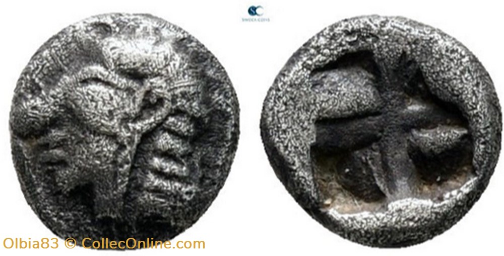 Colophon / Hémiobole / Tête achaique à gauche - Carré creux monnaies antiques grecques colophon hemiobole tete achaique a gauche carre creux