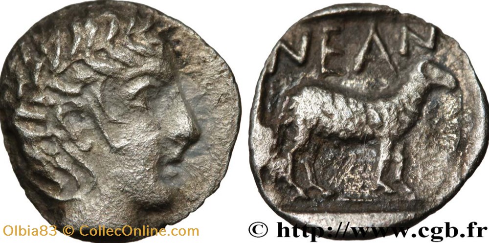 Néandria / Obole / Tête laurée d’Apollon - Belier à droite + N-E-A-N monnaies antiques grecques neandria obole tete lauree d apollon belier a droite n e a n