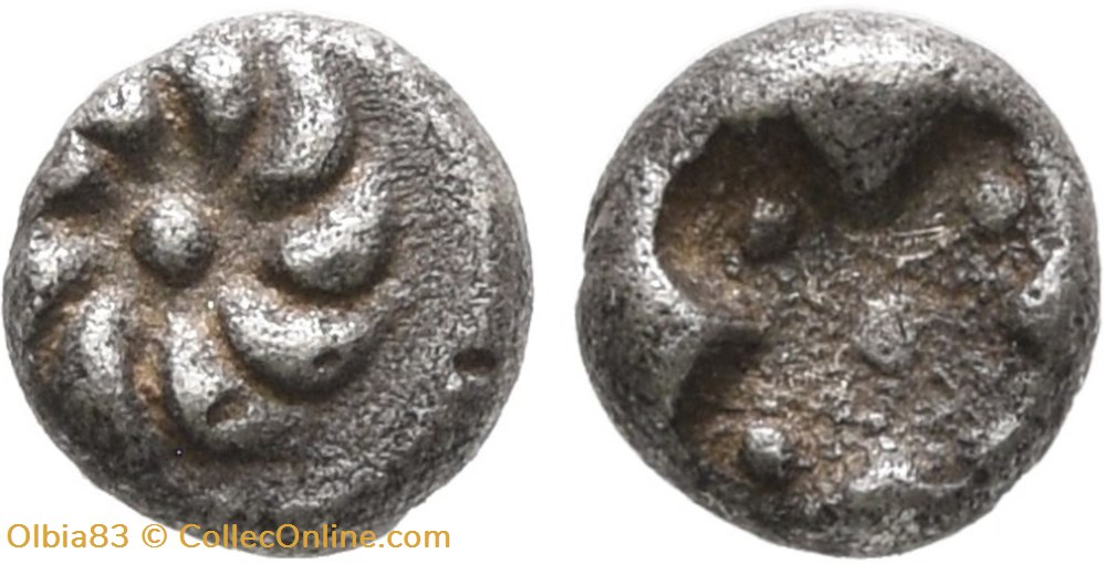 Erythrée / Hemitetartemorion / Rosette - Cruciforme en creux avec 5 Globules. monnaies antiques grecques erythree hemitetartemorion rosette cruciforme en creux avec 5 globules