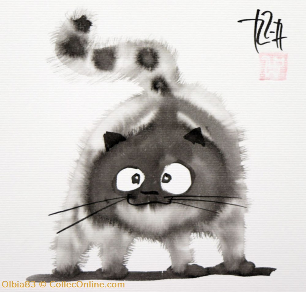 art antiquites peintures dessins techniques mixtes le chat malin
