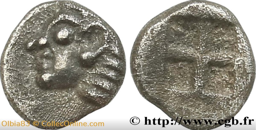 monnaies antiques grecques colophon tetartemorion tete imberbe a gauche carre creux