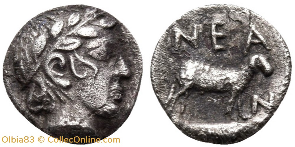 M Neandria / Obole / Tête laurée d’Apollon - Belier à droite + N-E-A/N. monnaies antiques grecques m neandria obole tete lauree d apollon belier a droite n e a n