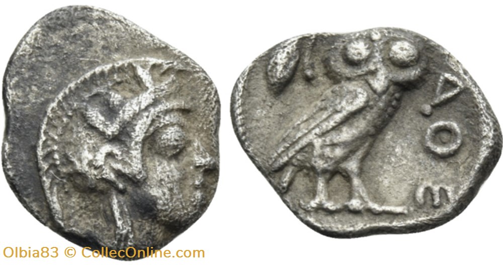M Athènes / Obole / Tête d'Athéna à droite - Chouette debout de face. monnaies antiques grecques m athenes obole tete athena a droite chouette debout de face