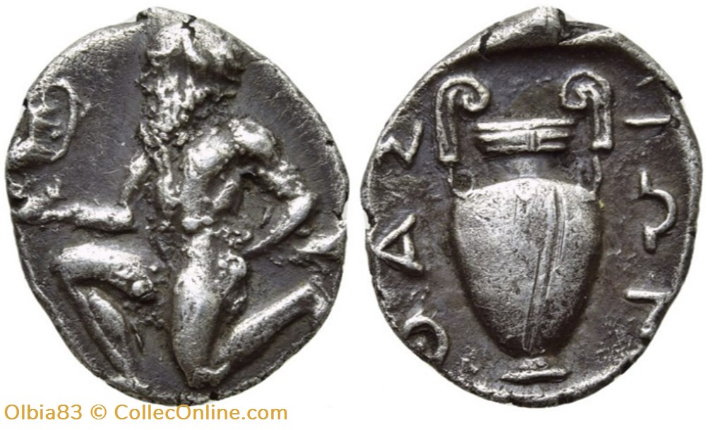 *Thasos / 1/10 eme de statère ou Trihémiobole / Satyre - Carré creux. monnaies antiques grecques thasos 1 10 eme de statere ou trihemiobole satyre carre creux