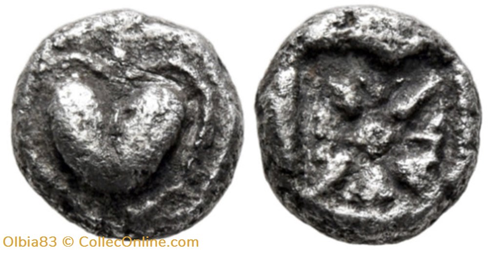 M Kyrene / Obole / Fruit de Silphion - Motif étoilé. monnaies antiques a grecques m kyrene obole fruit de silphion motif etoile