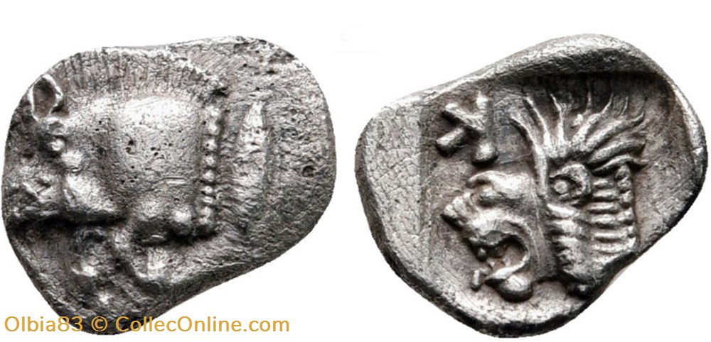 Cyzique / Obole / Protomé de sanglier à gauche - Tête de lion à gauche. monnaies antiques grecques cyzique obole protome de sanglier a gauche tete de lion a gauche