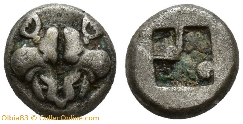 monnaies antiques grecques ile de lesbos obole tetes de sangliers confrontes carre creux