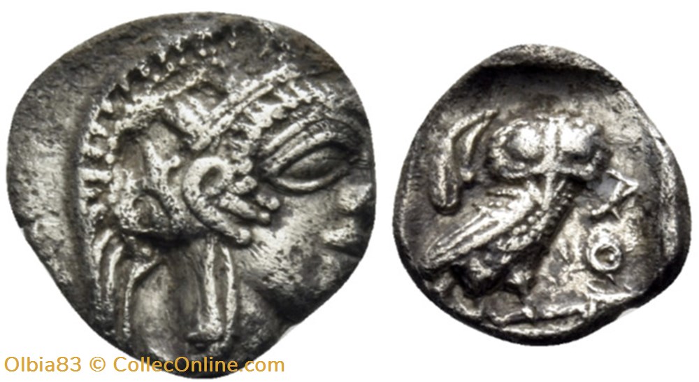 Athènes / Obole / Tête d'Athéna à droite - Chouette debout de face. monnaies antiques grecques athenes obole tete athena a droite chouette debout de face
