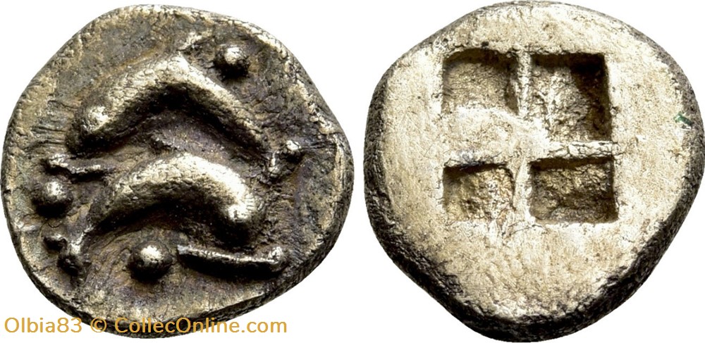 M-Thasos / Obole / Deux dauphins superposés- Carré creux monnaies antiques grecques m thasos obole deux dauphins superposes carre creux