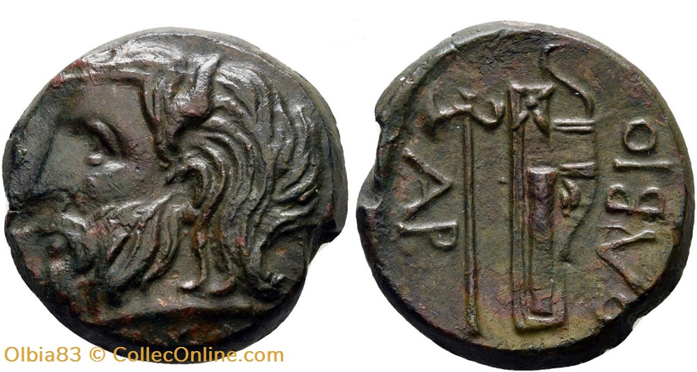 Sarmatie / Olbia / Unité / Tête barbue - Hache et arc dans son goryte. monnaies antiques grecques sarmatie olbia unite tete barbue hache et arc dans son goryte