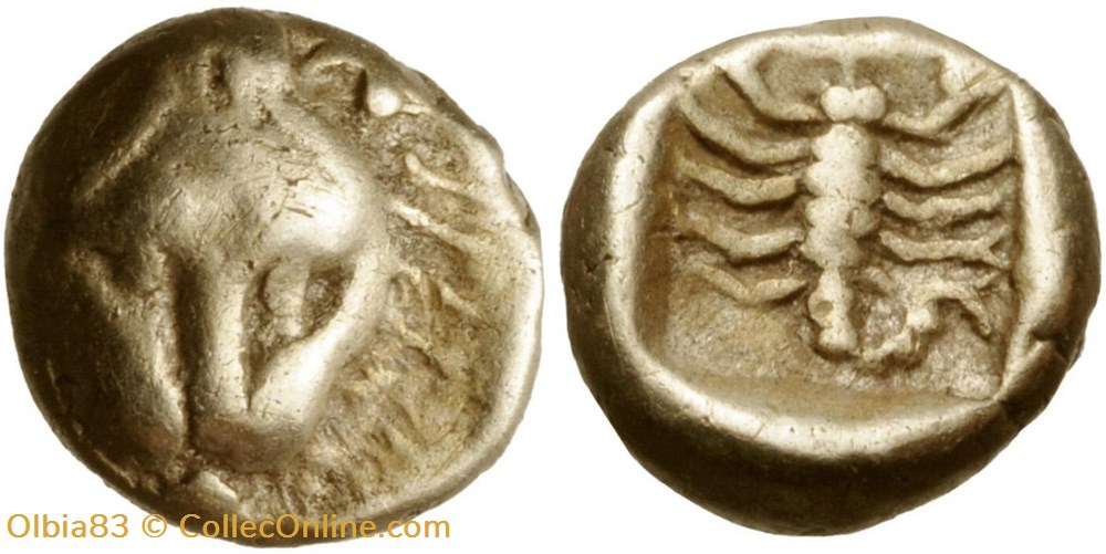 Milet / Quarante -huitieme de statère / Léonté de Lion - Scorpion dans carré creux monnaies antiques grecques milet quarante huitieme de statere leonte de lion scorpion dans carre creux