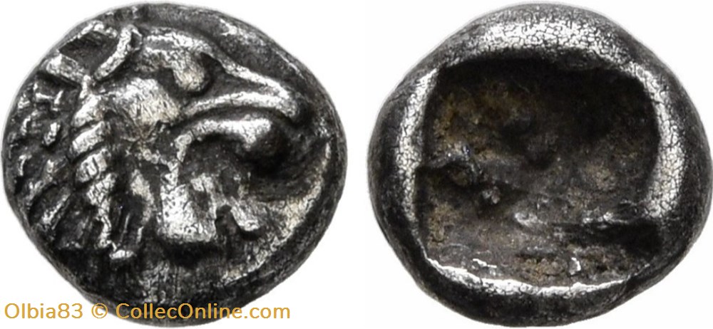 Royaume de Lydie / Quarante huitième de statère / Tête de Lion rugissant - Carré creux. monnaies antiques grecques royaume de lydie quarante huitieme de statere tete de lion rugissant carre creux