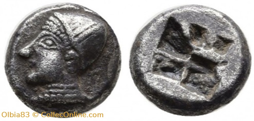 *Phocée-Diobole-Tête de femme portant un sakkos à gauche / Carré creux monnaies antiques grecques phocee diobole tete de femme portant un sakkos a gauche carre creux