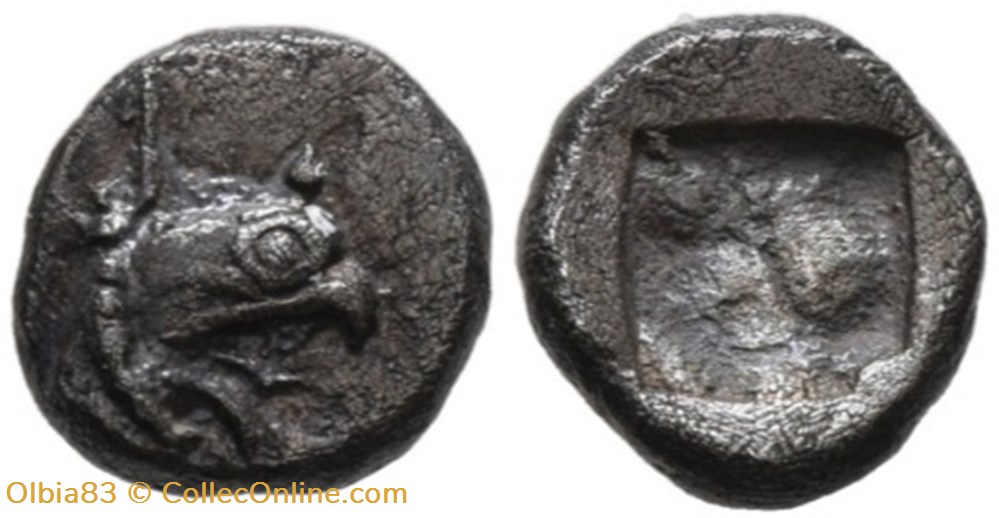 *Phocée / Hémiobole / Tête de griffon à droite - Carré creux . monnaies antiques grecques phocee hemiobole tete de griffon a droite carre creux