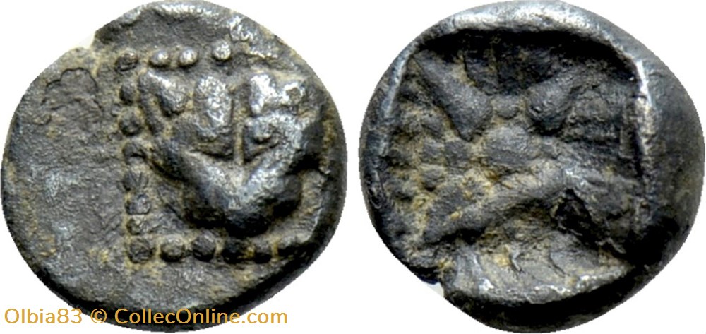 M Milet / 1/32 eme de statère / Tête de Lion - Motif Stéllaire dans carré creux monnaies antiques grecques m milet 1 32 eme de statere tete de lion motif stellaire dans carre creux