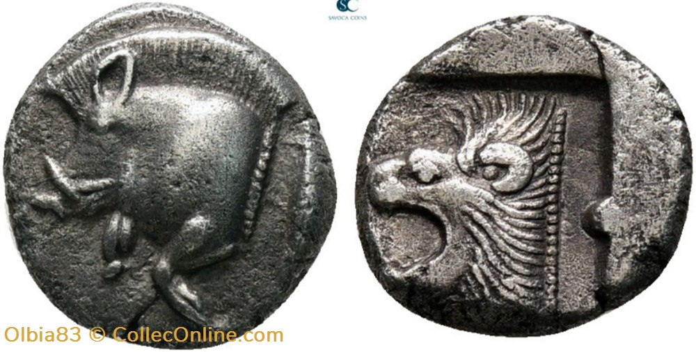 monnaies antiques grecques cyzique trihemiobole protome de sanglier tete de lion dans un carre creux