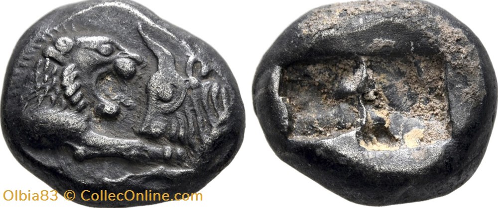 Royaume de Lydie / Tiers de Statère Trite / Protomés de taureau et de lion affrontés. monnaies antiques grecques royaume de lydie tiers de statere trite protomes de taureau et de lion affrontes