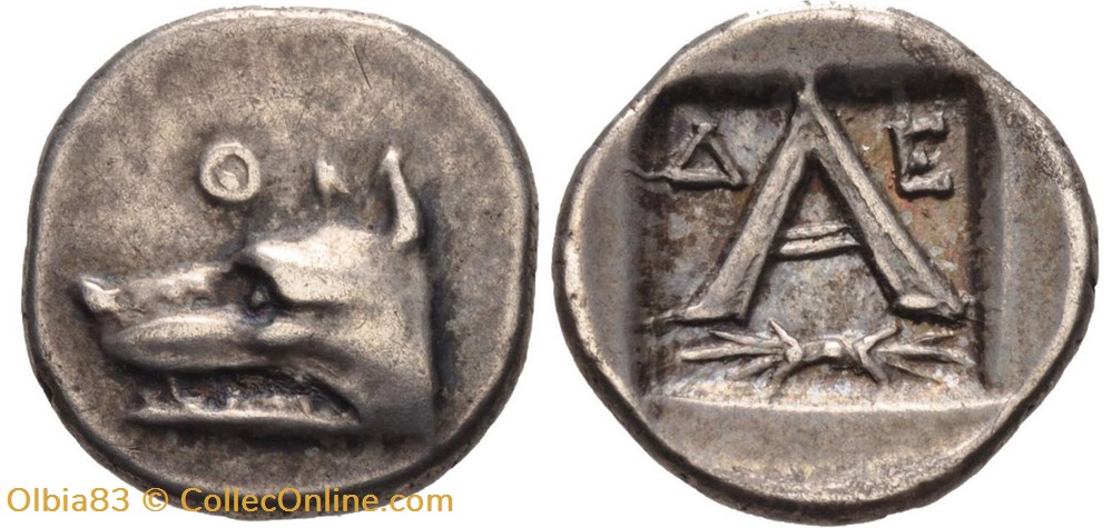 Argos / Obole / Tête de loup à gauche Ө / A dans un carré creux Δ-E. monnaies antiques grecques argos obole tete de loup a gauche a dans un carre creux e