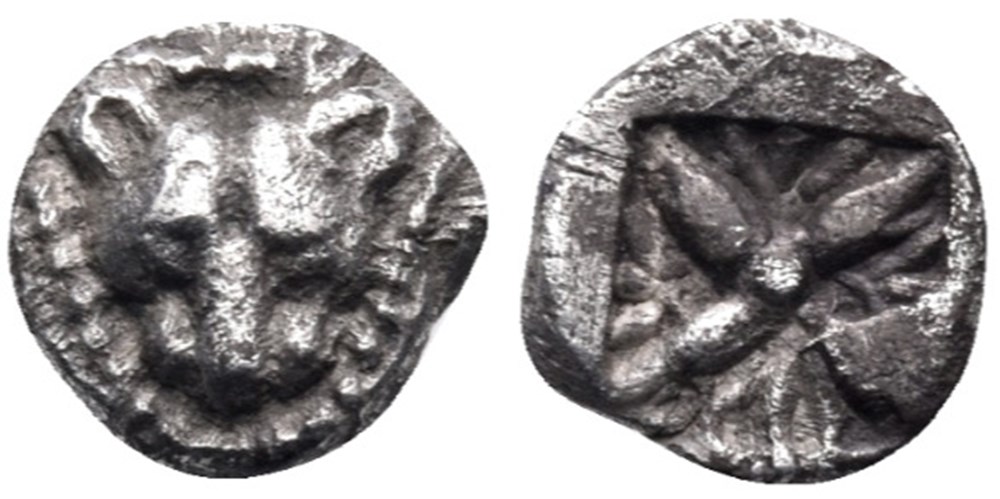 Milet / 1/64 eme de statère / Tête de Lion - Motif Stéllaire dans carré creux monnaies antiques grecques milet 1 64 eme de statere tete de lion motif stellaire dans carre creux