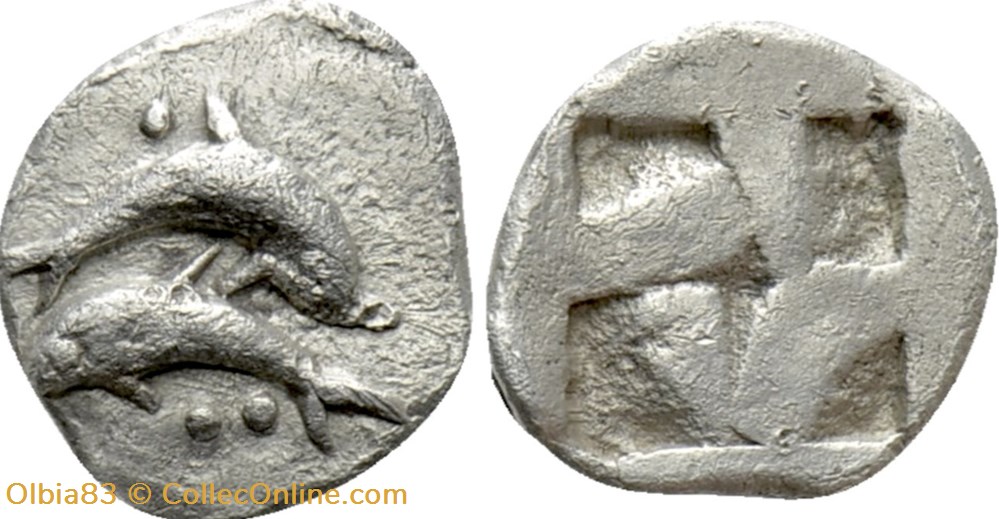 M Thasos / Obole / Deux dauphins superposés- Carré creux monnaies antiques grecques m thasos obole deux dauphins superposes carre creux
