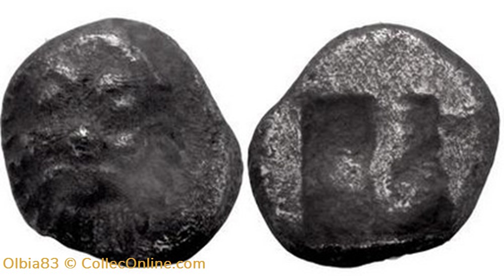 Ile de Lesbos-Tetartemorion-Tête barbue de Sylène - Carré creux. monnaies antiques grecques ile de lesbos tetartemorion tete barbue de sylene carre creux