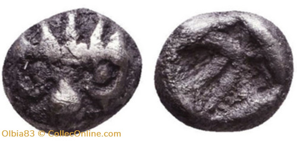 Asie Mineure-Incertaine-Obole-Face à tête de lion, coiffé d'une couronne radiée / Carré creux monnaies antiques grecques asie mineure incertaine obole face a tete de lion coiffe une couronne radiee carre creux