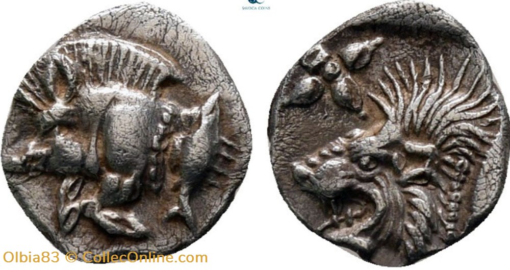 *Cyzique / Hémiobole / Protomé de sanglier à gauche - Tête de lion à gauche. monnaies antiques grecques cyzique hemiobole protome de sanglier a gauche tete de lion a gauche