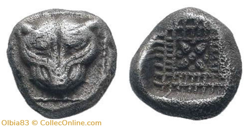 M-Milet / 1/8 eme de statère / Tête de Lion - Motif floral et treillis dans un carré creux monnaies antiques grecques m milet 1 8 eme de statere tete de lion motif floral et treillis dans un carre creux