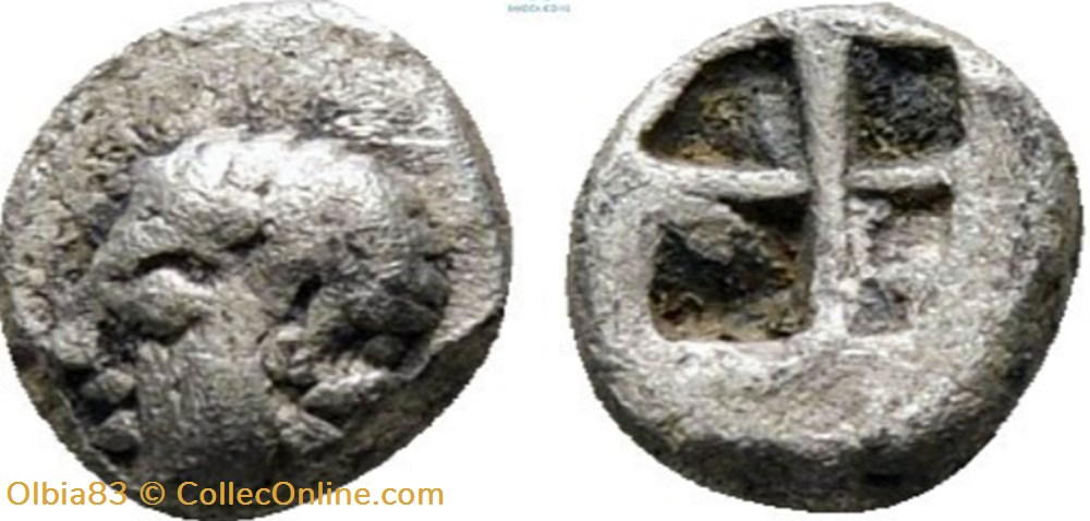 Colophon / Tetartemomorion / Tête d'Apollon à gauche - Carré creux monnaies antiques grecques colophon tetartemomorion tete apollon a gauche carre creux