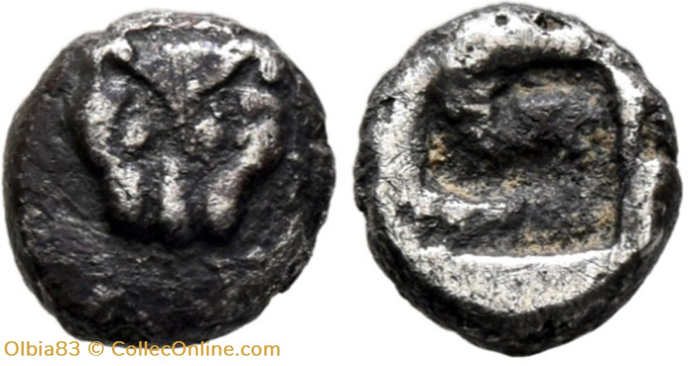 M Asie Mineure / Hémiobole / Tête de panthère - Carré creux. monnaies antiques grecques m asie mineure hemiobole tete de panthere carre creux