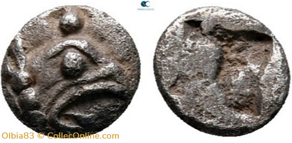 Phocée / Tétartémorion / Tête de griffon à droite - Carré creux . monnaies antiques grecques phocee tetartemorion tete de griffon a droite carre creux