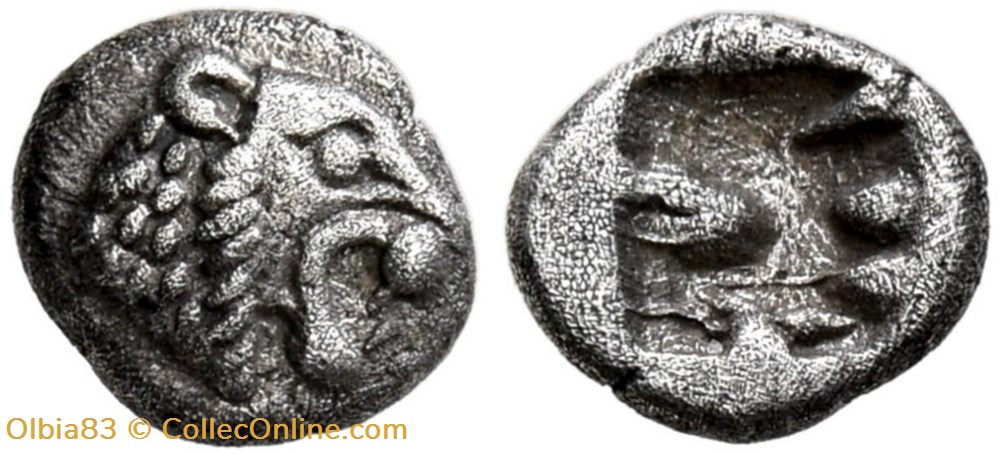 *Royaume de Lydie / Quarante huitième de statère / Tête de Lion rugissant - Carré creux. monnaies antiques grecques royaume de lydie quarante huitieme de statere tete de lion rugissant carre creux